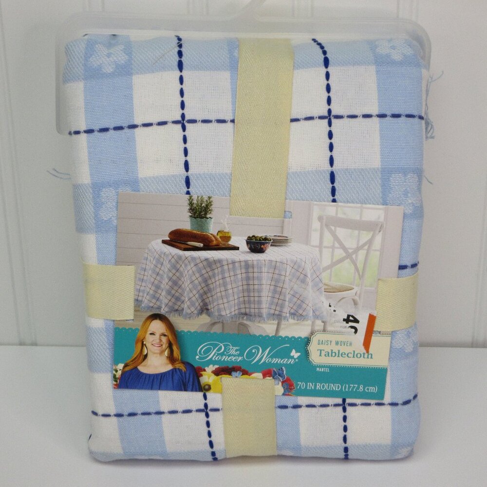 Pioneer Woman Tablecloth Daisy Woven Plaid Fabric 70" Round Blue Cotton Polyeste